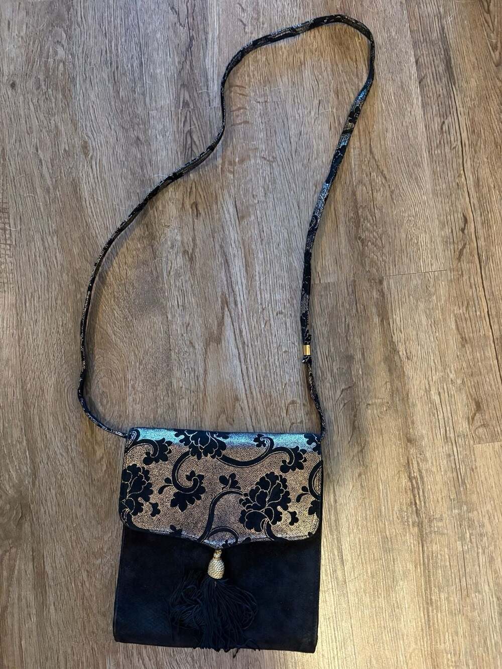 Scepi Vintage Italian Suede and Metallic Brocade Tassel Crossbody Bag
